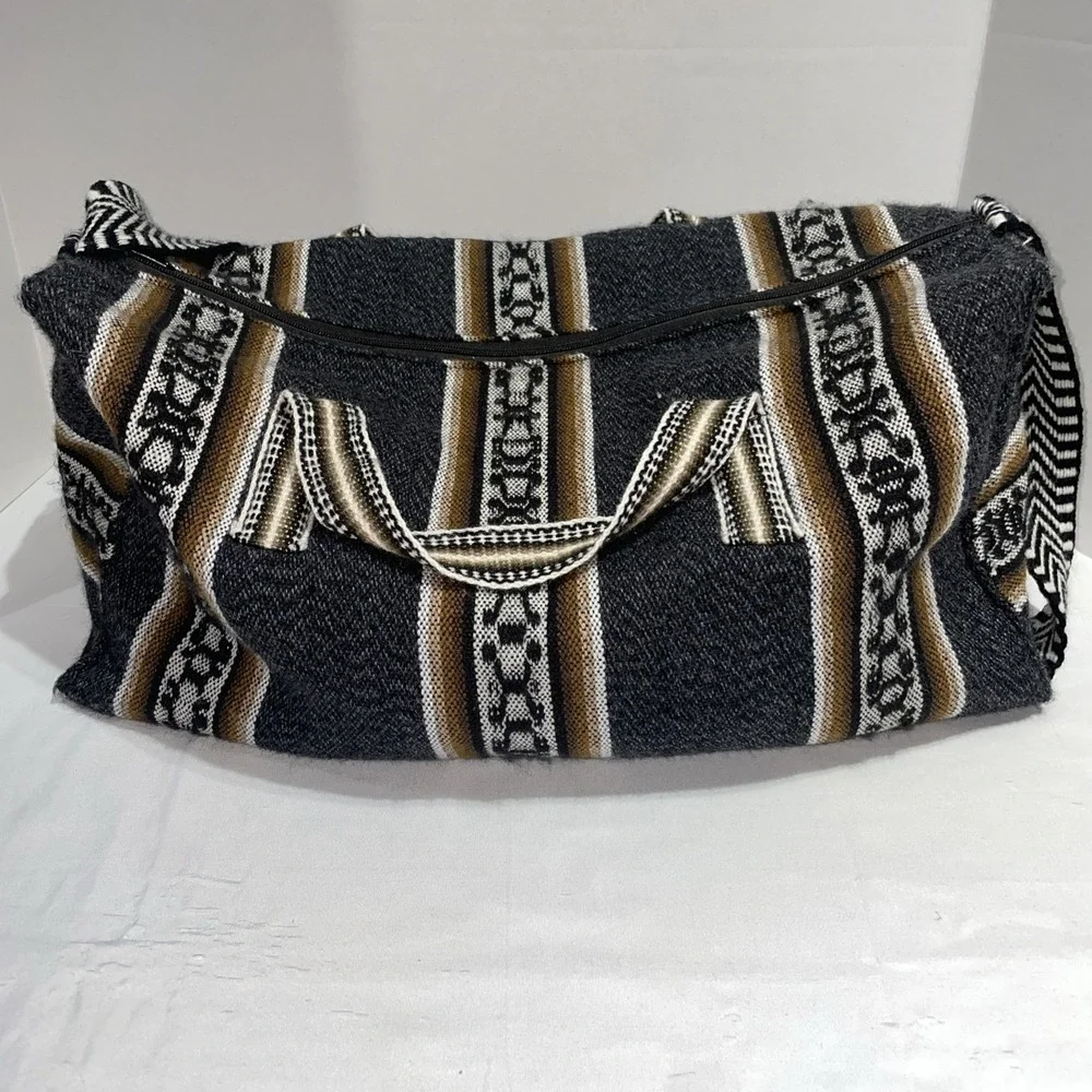 Woven Llama Duffel Bag Peruvian Wool Blend Travel Weekend Bag Gray Brown Stripe